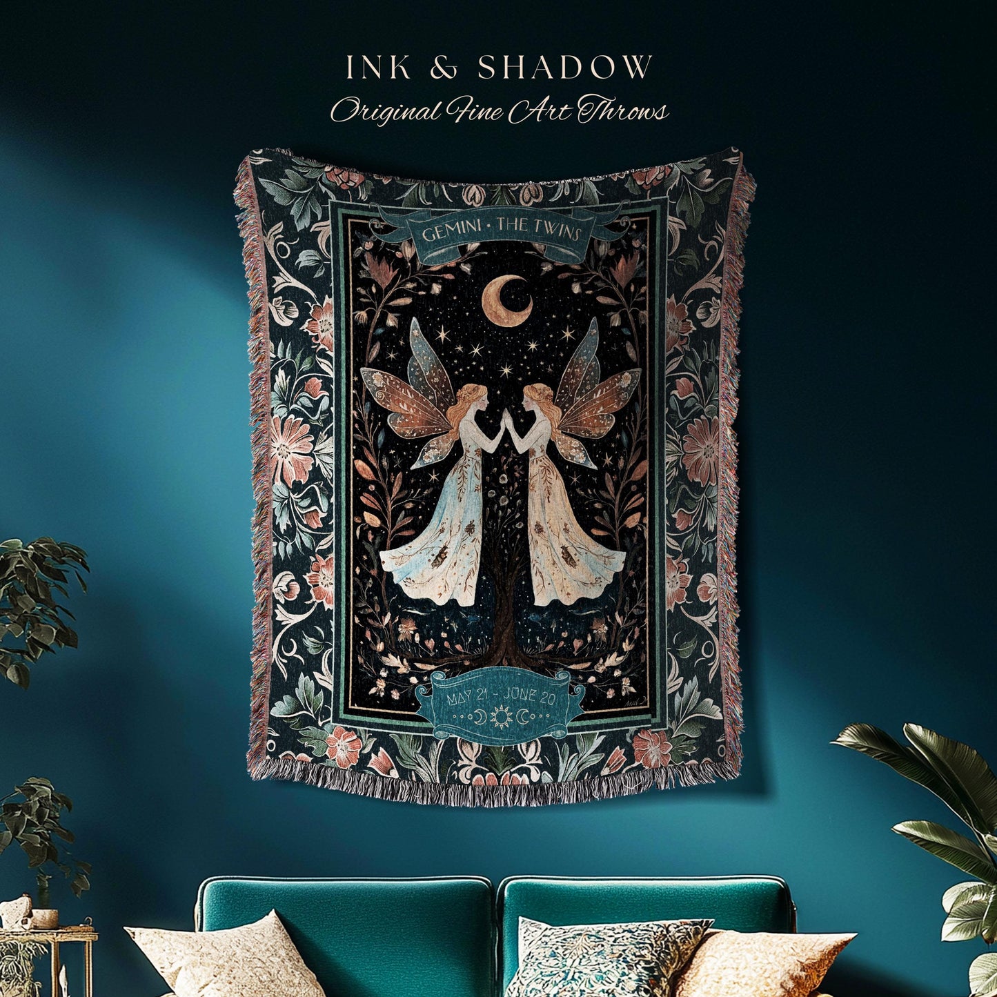 Ethereal Fairy Core Gemini Zodiac Tapestry Throw Astrology Celestial Cottagecore Blanket | The Twins Whimsical Fairytale Birthday Month Gift