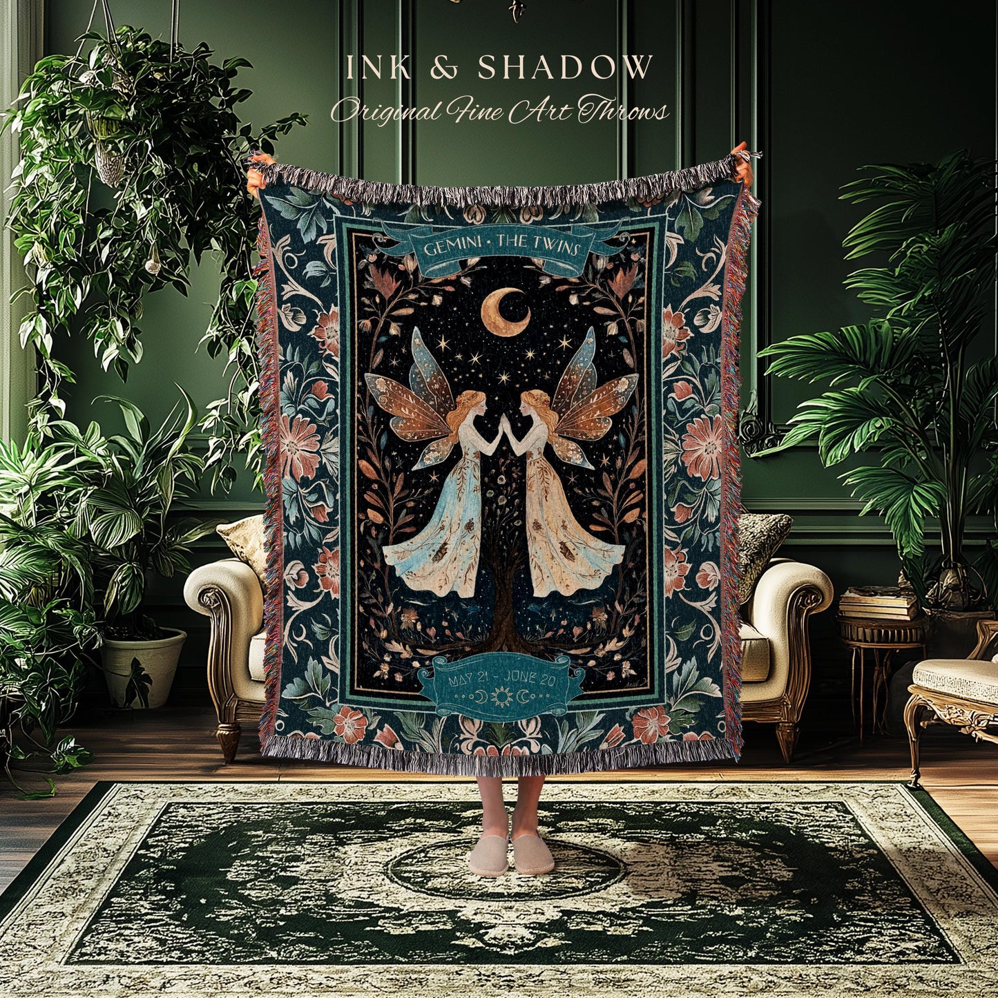 Ethereal Fairy Core Gemini Zodiac Tapestry Throw Astrology Celestial Cottagecore Blanket | The Twins Whimsical Fairytale Birthday Month Gift