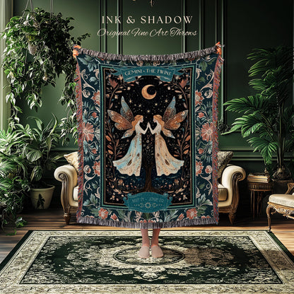Ethereal Fairy Core Gemini Zodiac Tapestry Throw Astrology Celestial Cottagecore Blanket | The Twins Whimsical Fairytale Birthday Month Gift