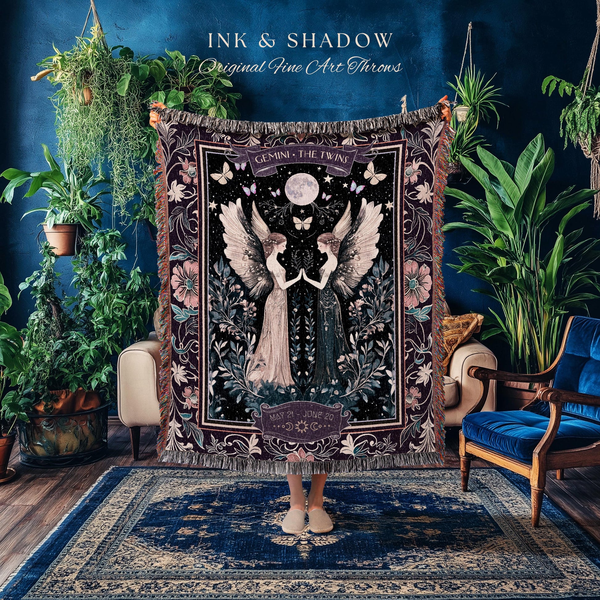 Full Moon Mystic Gemini Zodiac Dark Fairycore Tapestry Blanket Celestial Birthday Gift | The Twins Magic Witchy Whimsy Astrology Art Throw