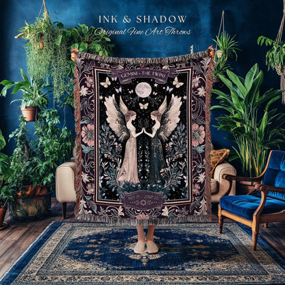 Full Moon Mystic Gemini Zodiac Dark Fairycore Tapestry Blanket Celestial Birthday Gift | The Twins Magic Witchy Whimsy Astrology Art Throw