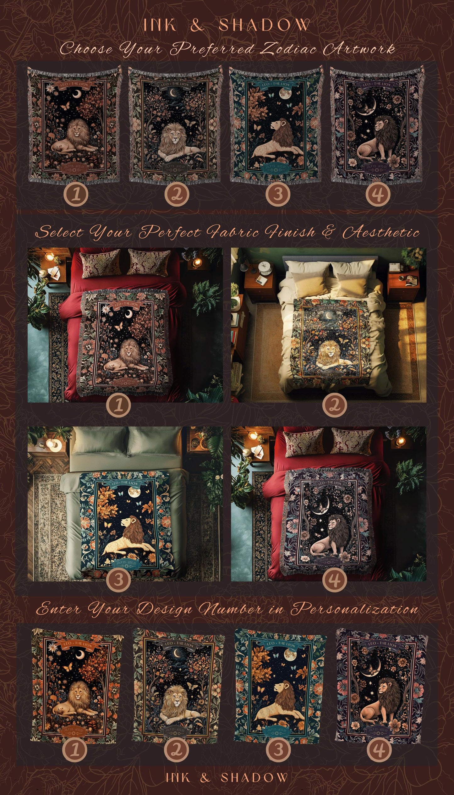 Dark Floral Celestial Leo Zodiac Sign Tapestry Throw Mystic Woodland Astrology Gift | Regal Vintage Victorian Lion Art Birth Month Blanket