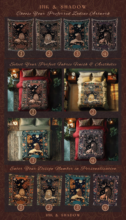 Dark Floral Celestial Leo Zodiac Sign Tapestry Throw Mystic Woodland Astrology Gift | Regal Vintage Victorian Lion Art Birth Month Blanket
