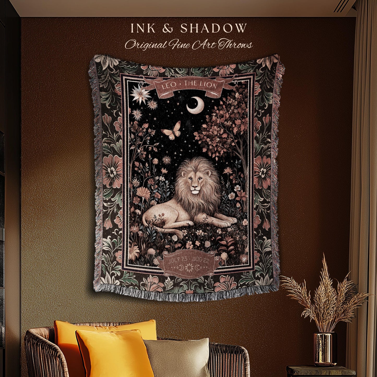 Dark Floral Celestial Leo Zodiac Sign Tapestry Throw Mystic Woodland Astrology Gift | Regal Vintage Victorian Lion Art Birth Month Blanket