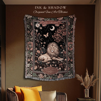 Dark Floral Celestial Leo Zodiac Sign Tapestry Throw Mystic Woodland Astrology Gift | Regal Vintage Victorian Lion Art Birth Month Blanket