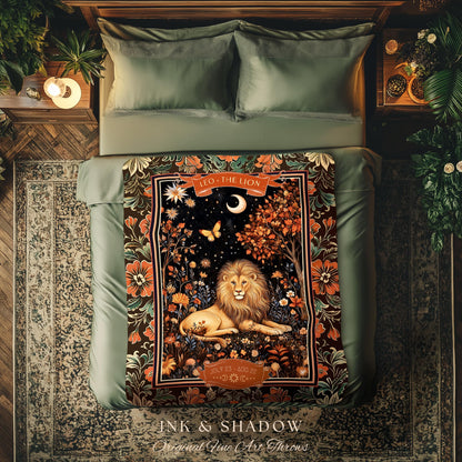 Dark Floral Celestial Leo Zodiac Sign Tapestry Throw Mystic Woodland Astrology Gift | Regal Vintage Victorian Lion Art Birth Month Blanket
