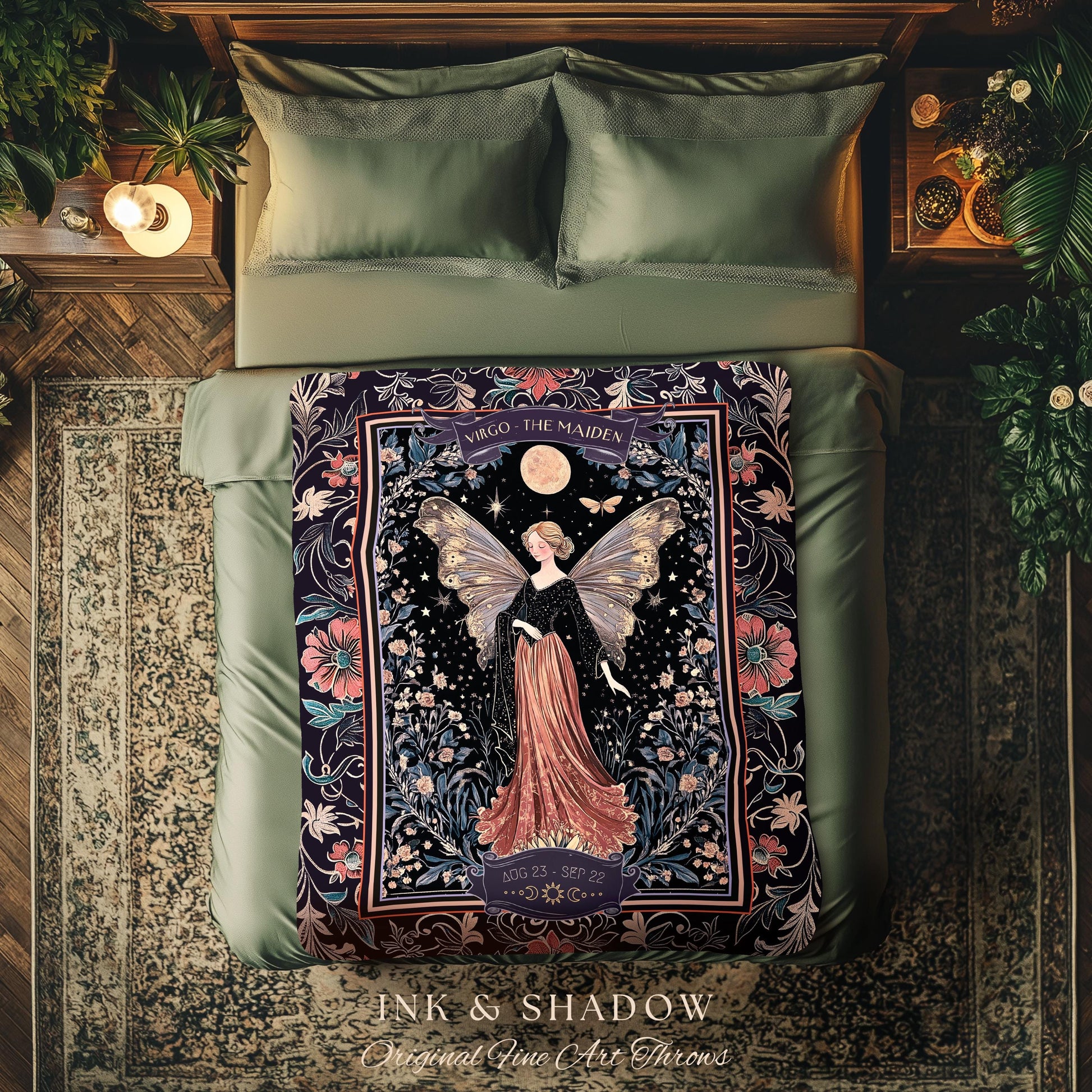Vintage Fairycore Mystical Moonlit Virgo Star Sign Whimsical Astrology Tapestry Throw | The Maiden Witchy Whimsigothic Celestial Art Blanket