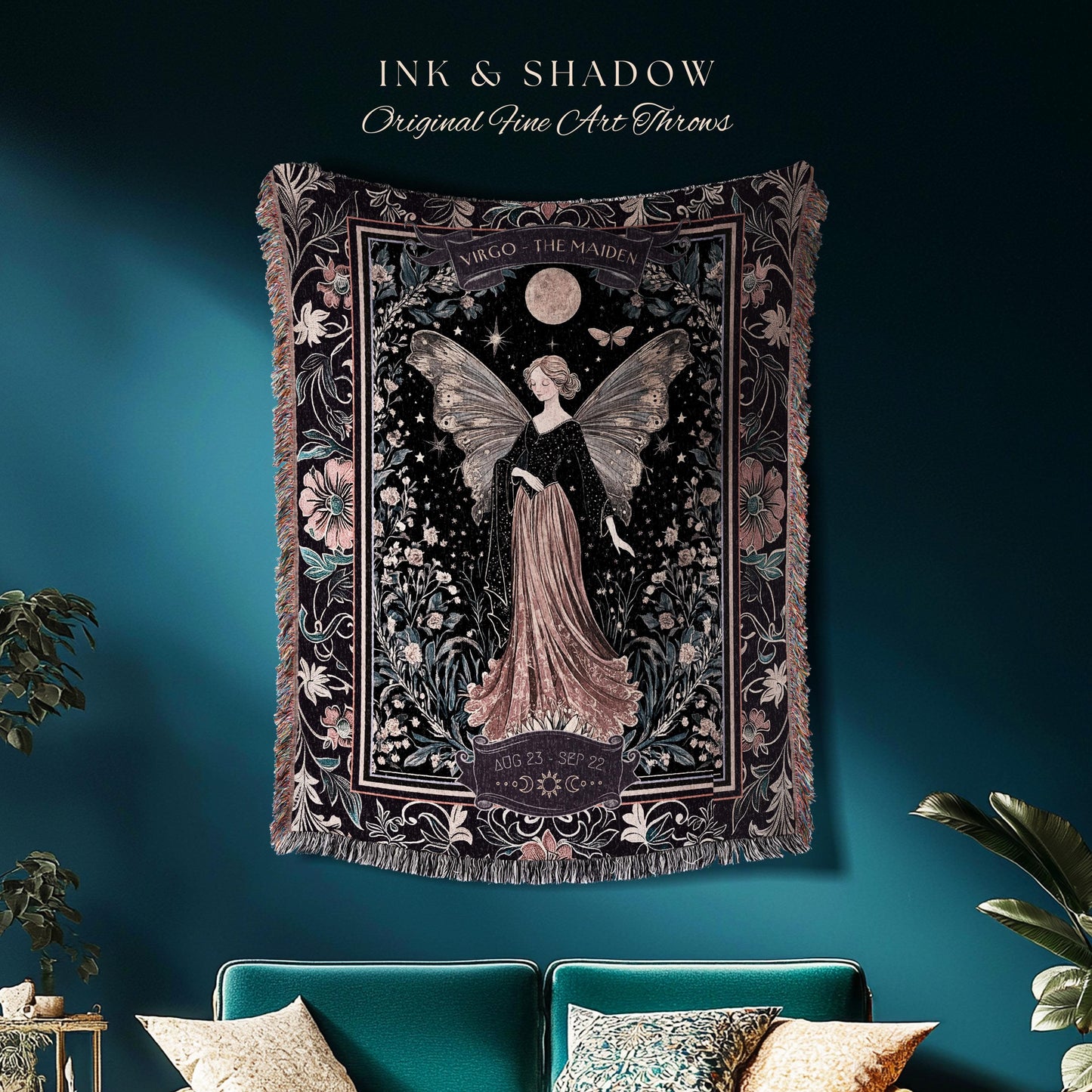 Vintage Fairycore Mystical Moonlit Virgo Star Sign Whimsical Astrology Tapestry Throw | The Maiden Witchy Whimsigothic Celestial Art Blanket
