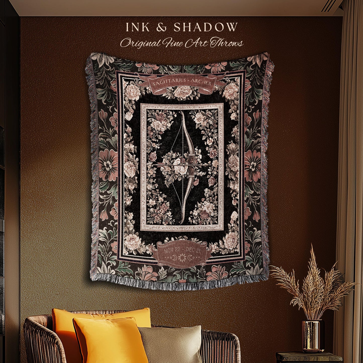 Baroque Romanticism Sagittarius Constellation Blanket Victorian Astrology Tapestry Throw, The Archer Fairycore Celestial Decor Birthday Gift
