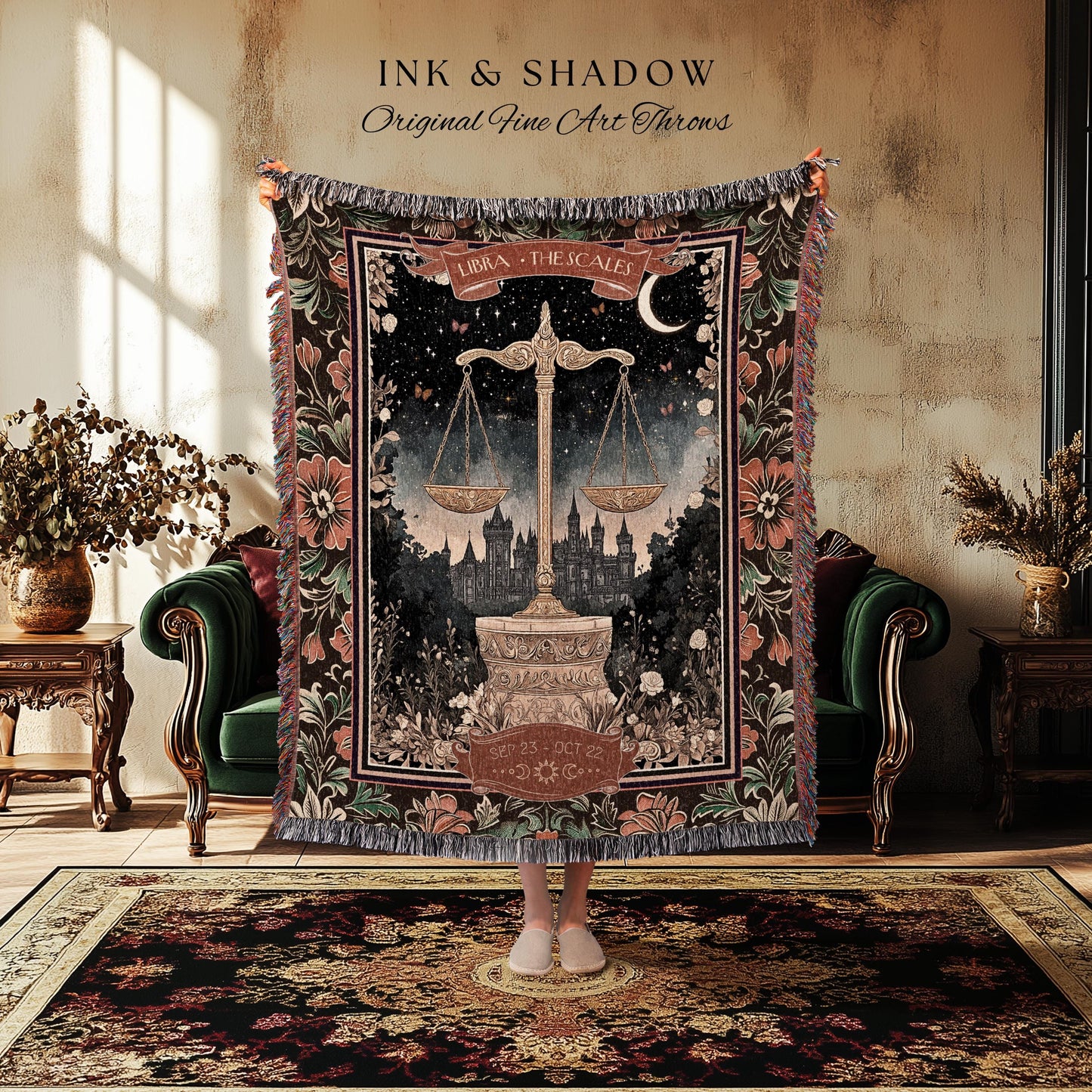 Celestial Libra Zodiac Blanket Mystic Constellation Art Gothic Tapestry, The Scales Astrology Decor Victorian Dark Academia Birth Month Gift