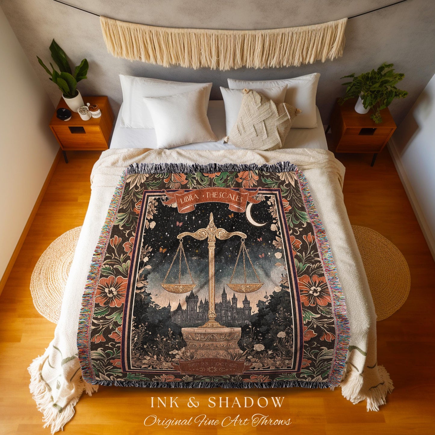 Celestial Libra Zodiac Blanket Mystic Constellation Art Gothic Tapestry, The Scales Astrology Decor Victorian Dark Academia Birth Month Gift