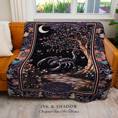 Whimsigothic Scorpio Zodiac Throw Moonlit Enchanted Forest Astrology Tapestry | The Scorpion Dark Fairytale Witchy Woodland Birth Month Art