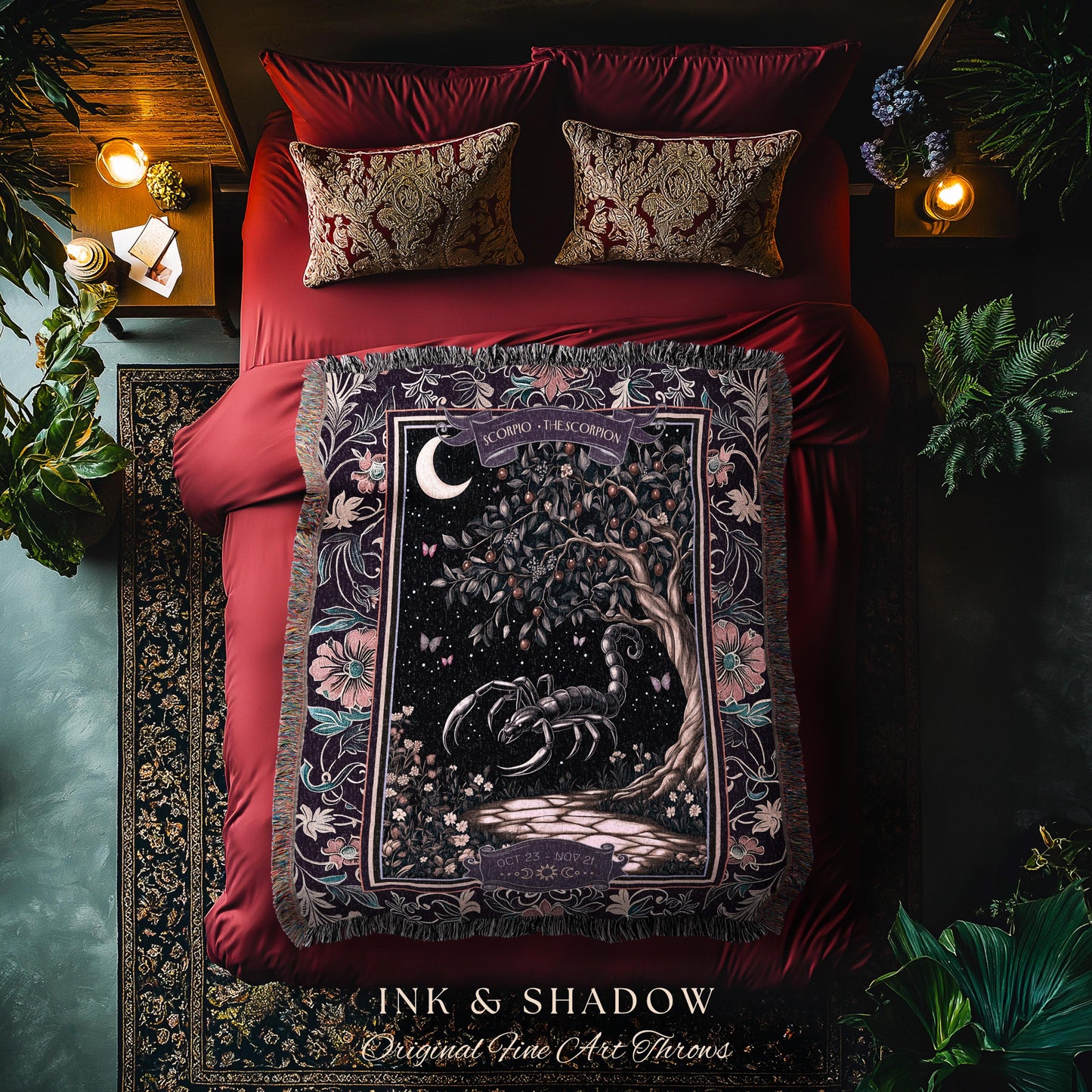 Whimsigothic Scorpio Zodiac Throw Moonlit Enchanted Forest Astrology Tapestry | The Scorpion Dark Fairytale Witchy Woodland Birth Month Art