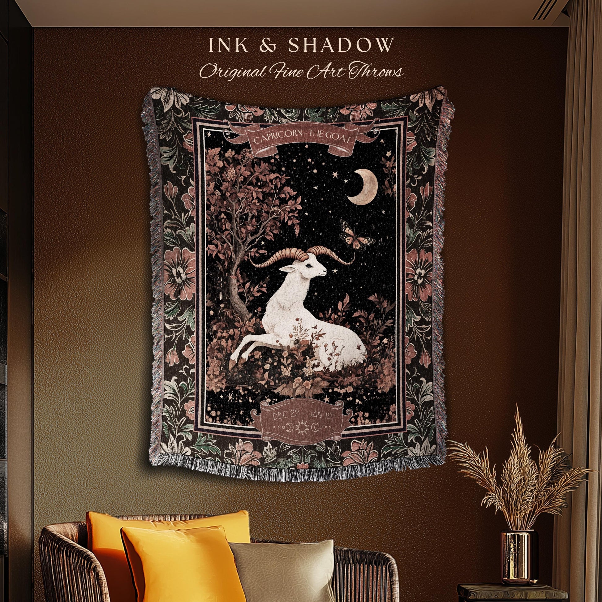 Gothic Romantic Capricorn Zodiac Sign Blanket Celestial Forestcore Throw | The Goat Astrology Victorian Constellation Tapestry Birthday Gift