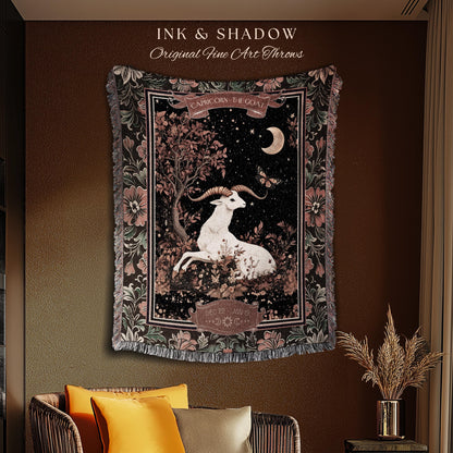 Gothic Romantic Capricorn Zodiac Sign Blanket Celestial Forestcore Throw | The Goat Astrology Victorian Constellation Tapestry Birthday Gift