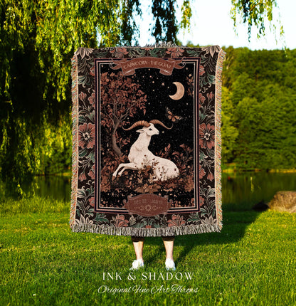 Gothic Romantic Capricorn Zodiac Sign Blanket Celestial Forestcore Throw | The Goat Astrology Victorian Constellation Tapestry Birthday Gift