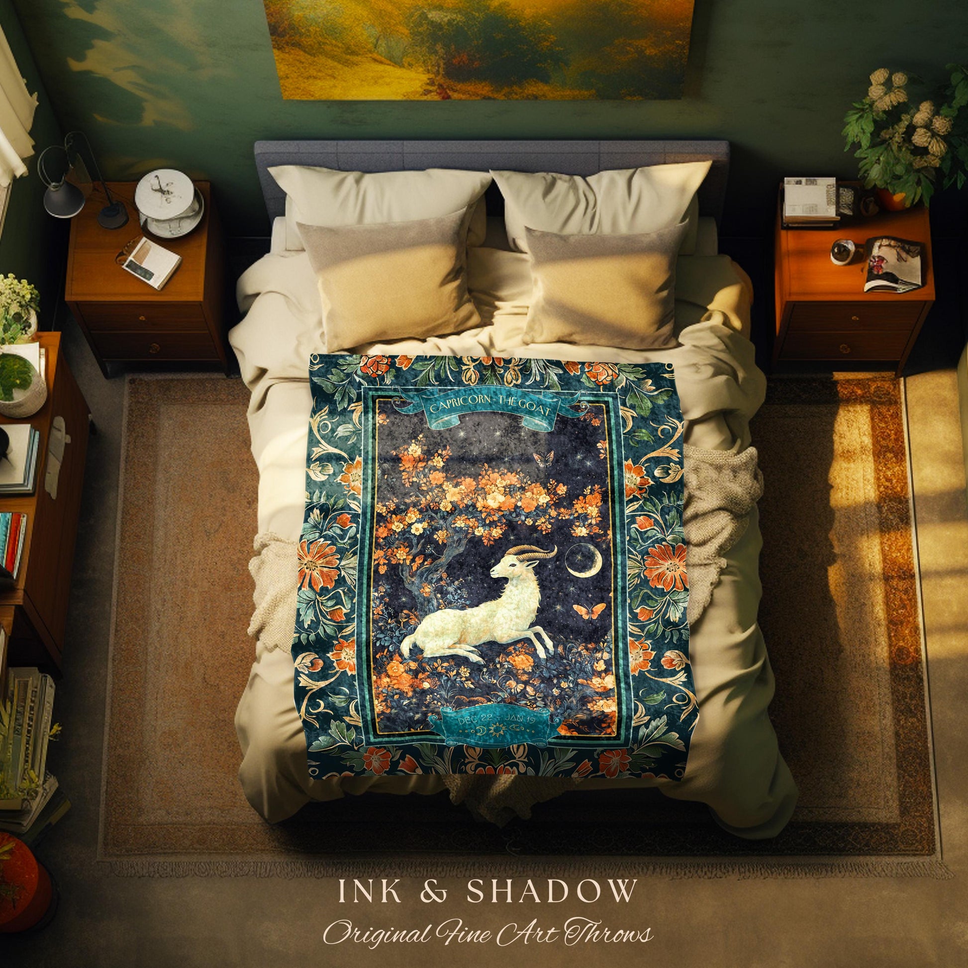 Enchanted Forest Capricorn Zodiac Blanket Celestial Midnight Woodland Throw, The Goat Astrology Tapestry Mystic Constellation Birthday Gift