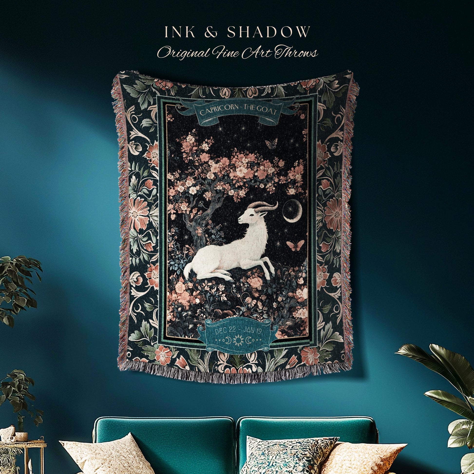 Enchanted Forest Capricorn Zodiac Blanket Celestial Midnight Woodland Throw, The Goat Astrology Tapestry Mystic Constellation Birthday Gift