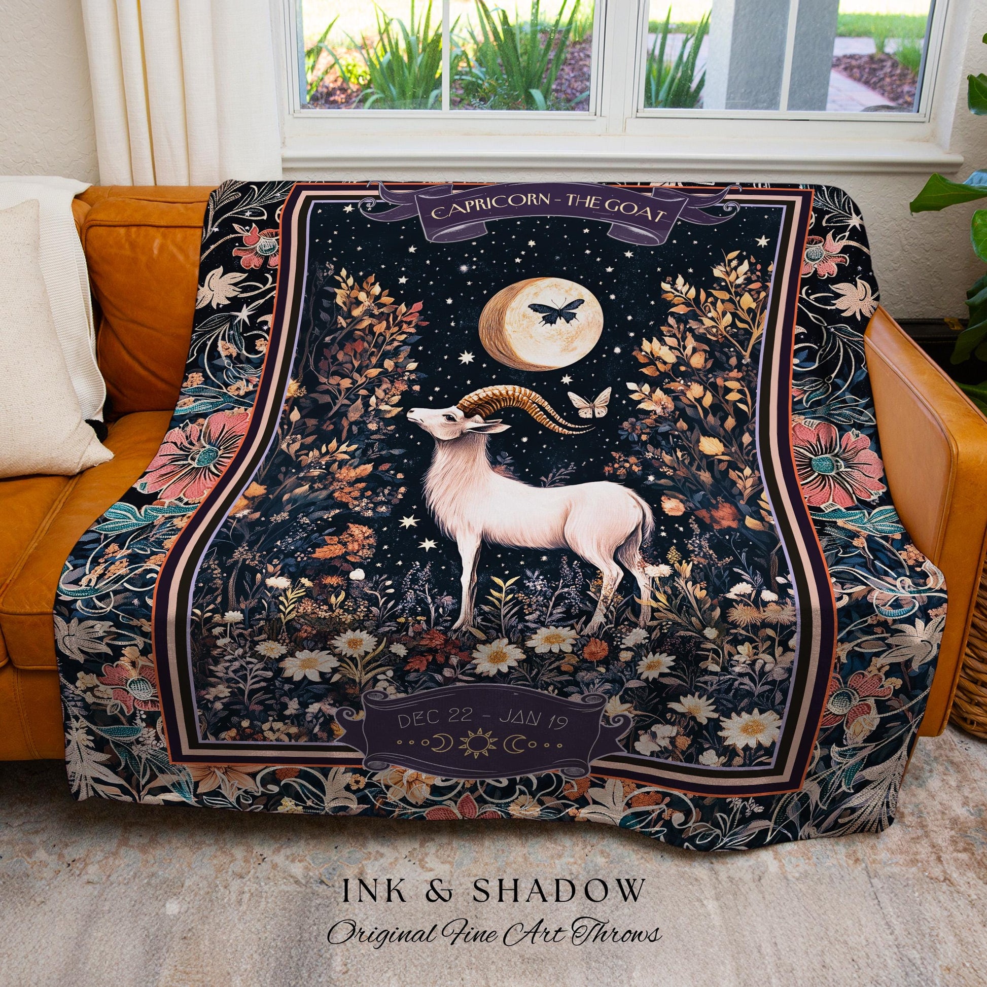 Magic Moonlit Night Sky Celestial Capricorn Star Sign Blanket Forest Fairycore Throw, The Goat Zodiac Birthday Tapestry Whimsical Witchy Art