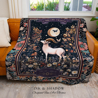 Magic Moonlit Night Sky Celestial Capricorn Star Sign Blanket Forest Fairycore Throw, The Goat Zodiac Birthday Tapestry Whimsical Witchy Art