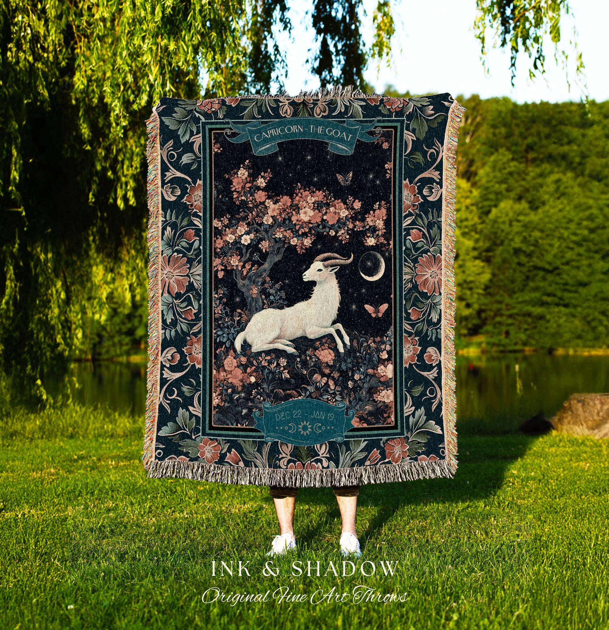 Enchanted Forest Capricorn Zodiac Blanket Celestial Midnight Woodland Throw, The Goat Astrology Tapestry Mystic Constellation Birthday Gift
