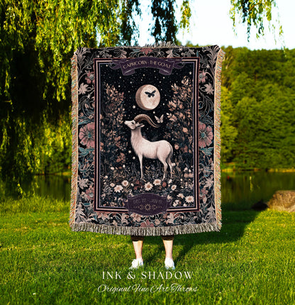 Magic Moonlit Night Sky Celestial Capricorn Star Sign Blanket Forest Fairycore Throw, The Goat Zodiac Birthday Tapestry Whimsical Witchy Art