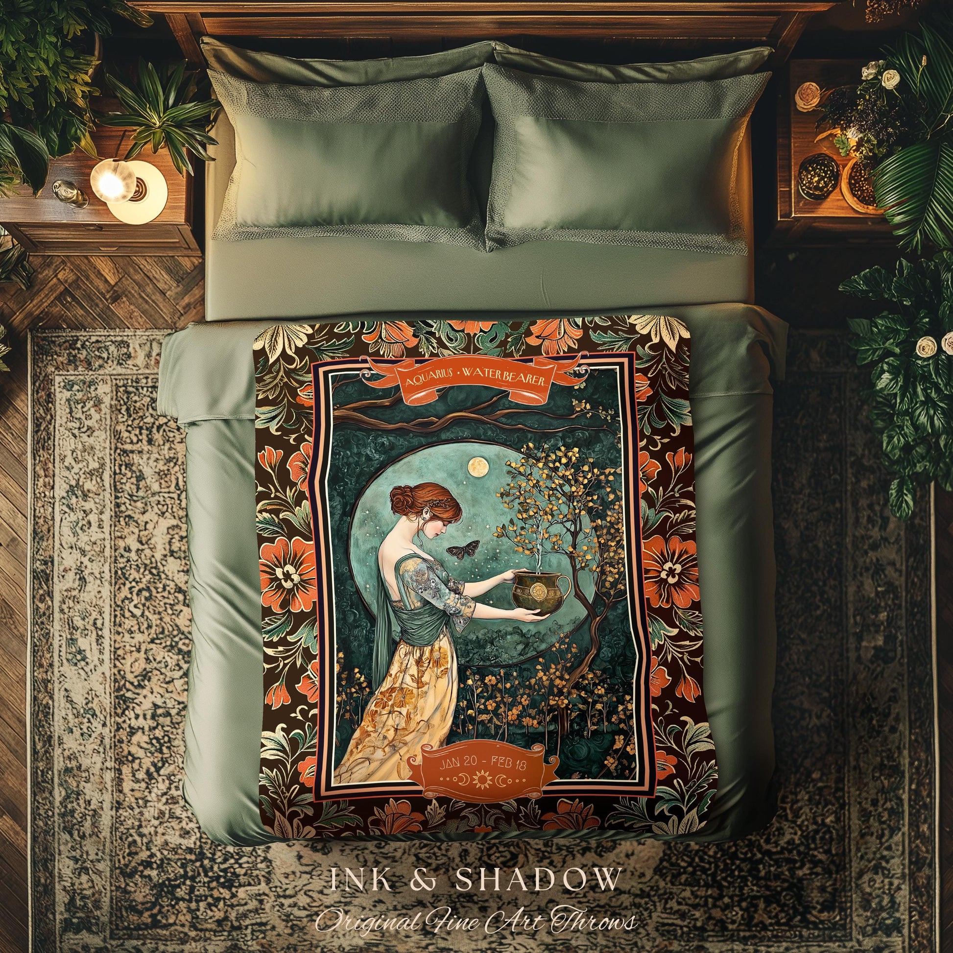 Victorian Nouveau Celestial Fairycore Aquarius Zodiac Tapestry Throw | The Water Bearer Star Sign Moonlit Astrology Art Birth Month Blanket