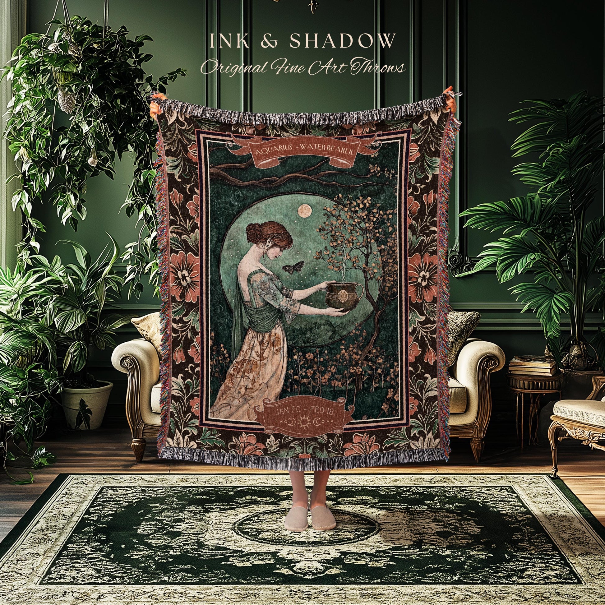 Victorian Nouveau Celestial Fairycore Aquarius Zodiac Tapestry Throw | The Water Bearer Star Sign Moonlit Astrology Art Birth Month Blanket