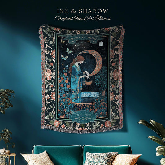 Dreamy Celestial Garden Aquarius Tapestry Throw Zodiac Sign Floral Fairycore Blanket | Whimsical Moonlit Astrology Art The Water Bearer Gift