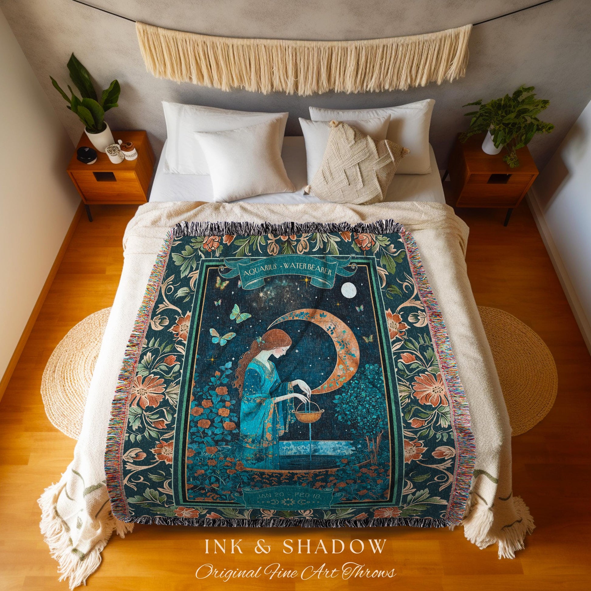 Dreamy Celestial Garden Aquarius Tapestry Throw Zodiac Sign Floral Fairycore Blanket | Whimsical Moonlit Astrology Art The Water Bearer Gift