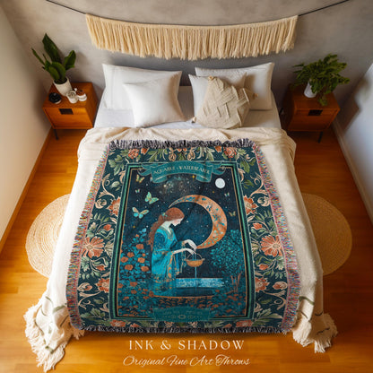 Dreamy Celestial Garden Aquarius Tapestry Throw Zodiac Sign Floral Fairycore Blanket | Whimsical Moonlit Astrology Art The Water Bearer Gift