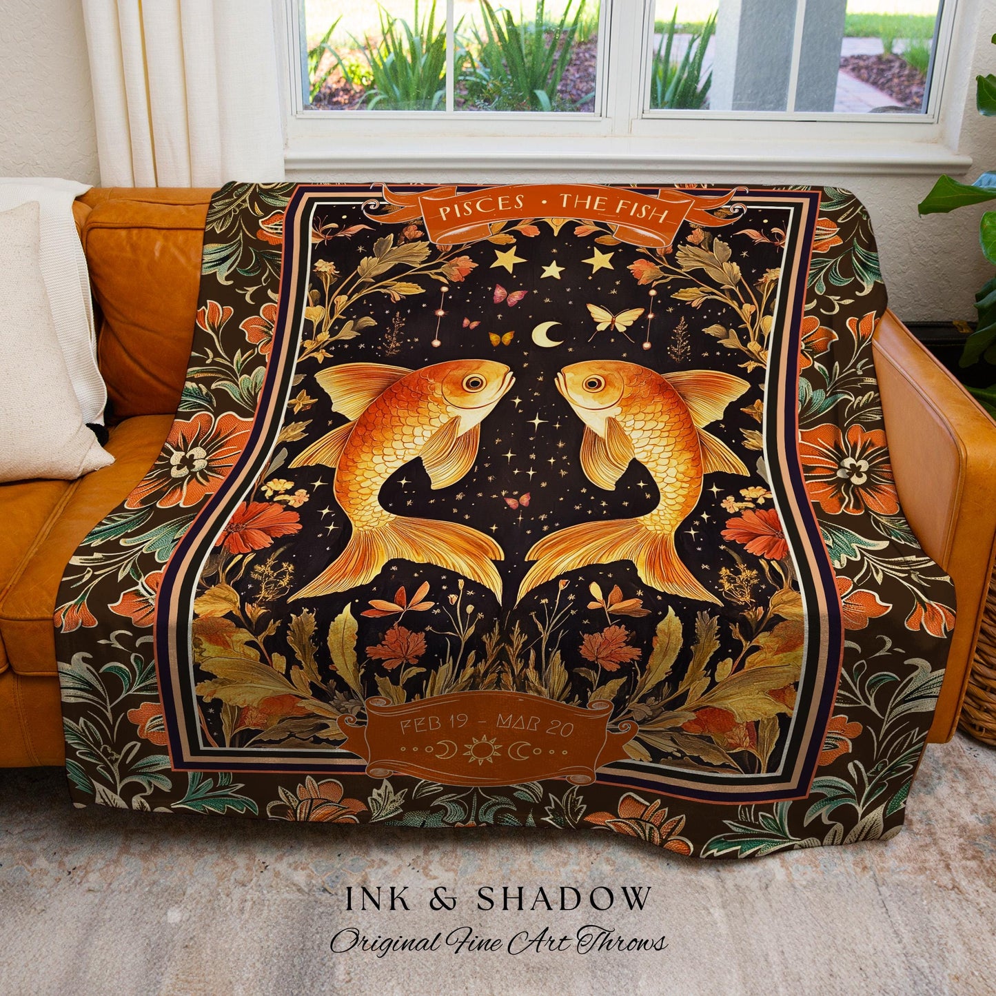 Dark Floral Celestial Pisces Zodiac Tapestry Throw Mystic Star Sign Astrology Gifts | Regal Vintage Victorian Fish Art Birth Month Blanket