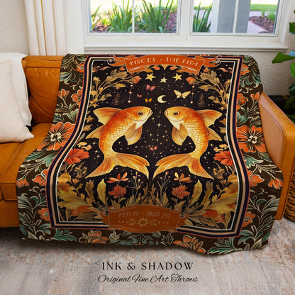Dark Floral Celestial Pisces Zodiac Tapestry Throw Mystic Star Sign Astrology Gifts | Regal Vintage Victorian Fish Art Birth Month Blanket