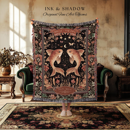 Dark Floral Celestial Pisces Zodiac Tapestry Throw Mystic Star Sign Astrology Gifts | Regal Vintage Victorian Fish Art Birth Month Blanket