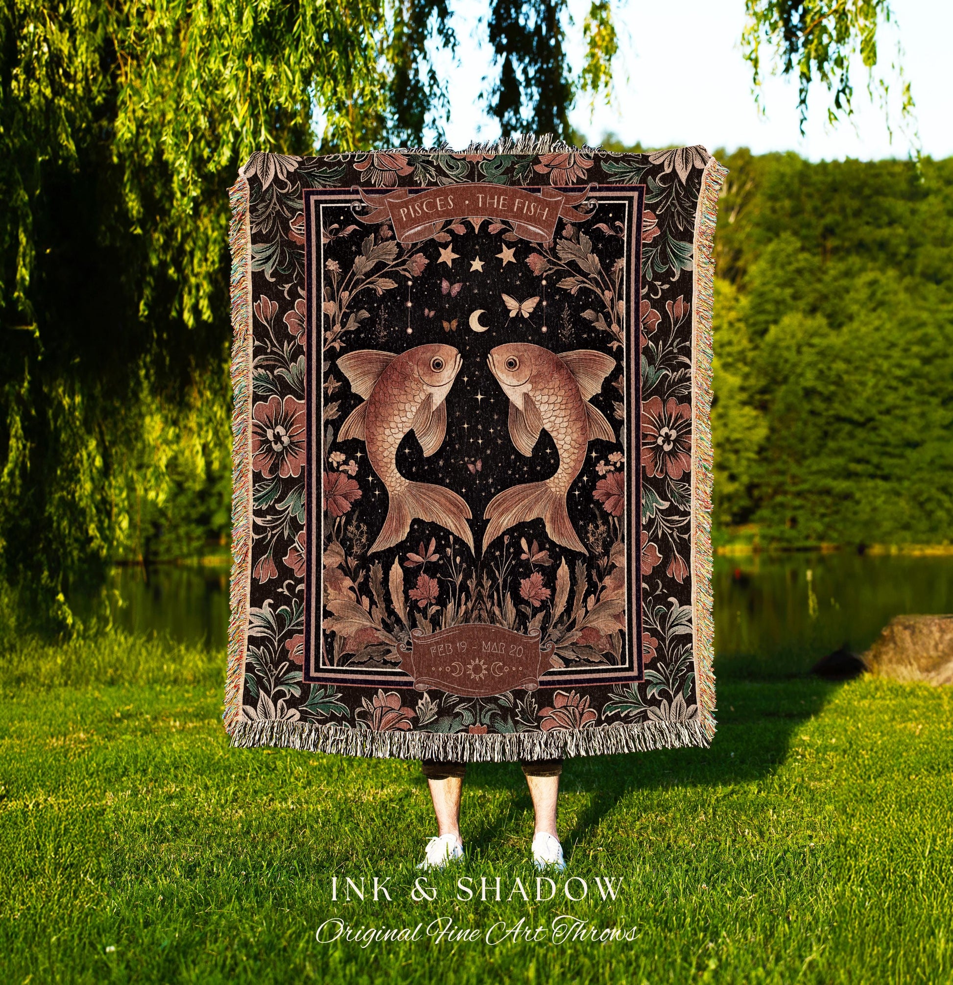 Dark Floral Celestial Pisces Zodiac Tapestry Throw Mystic Star Sign Astrology Gifts | Regal Vintage Victorian Fish Art Birth Month Blanket