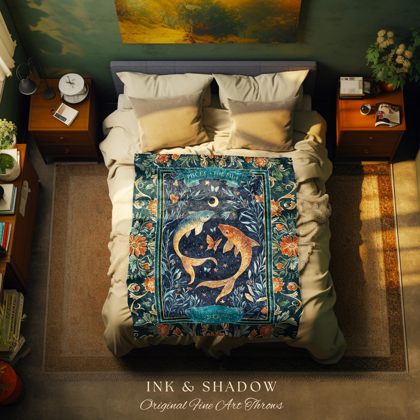 Moonlit Pisces Zodiac Tapestry Blanket Dreamy Celestial Art Nouveau Style | The Fish Star Sign Whimsical Botanical Water Birthday Month Gift