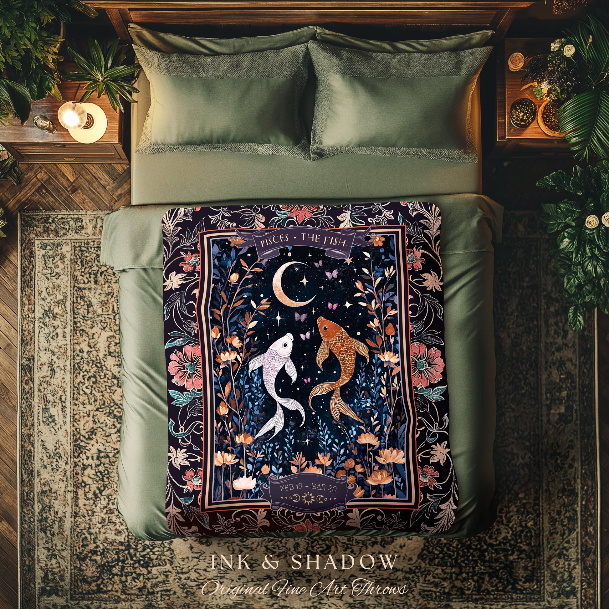 Dark Academia Pisces Blanket Celestial Constellation Gothic Decor | The Fish Astrology Tapestry Throw Magic Maximalist Moonlit Zodiac Gift