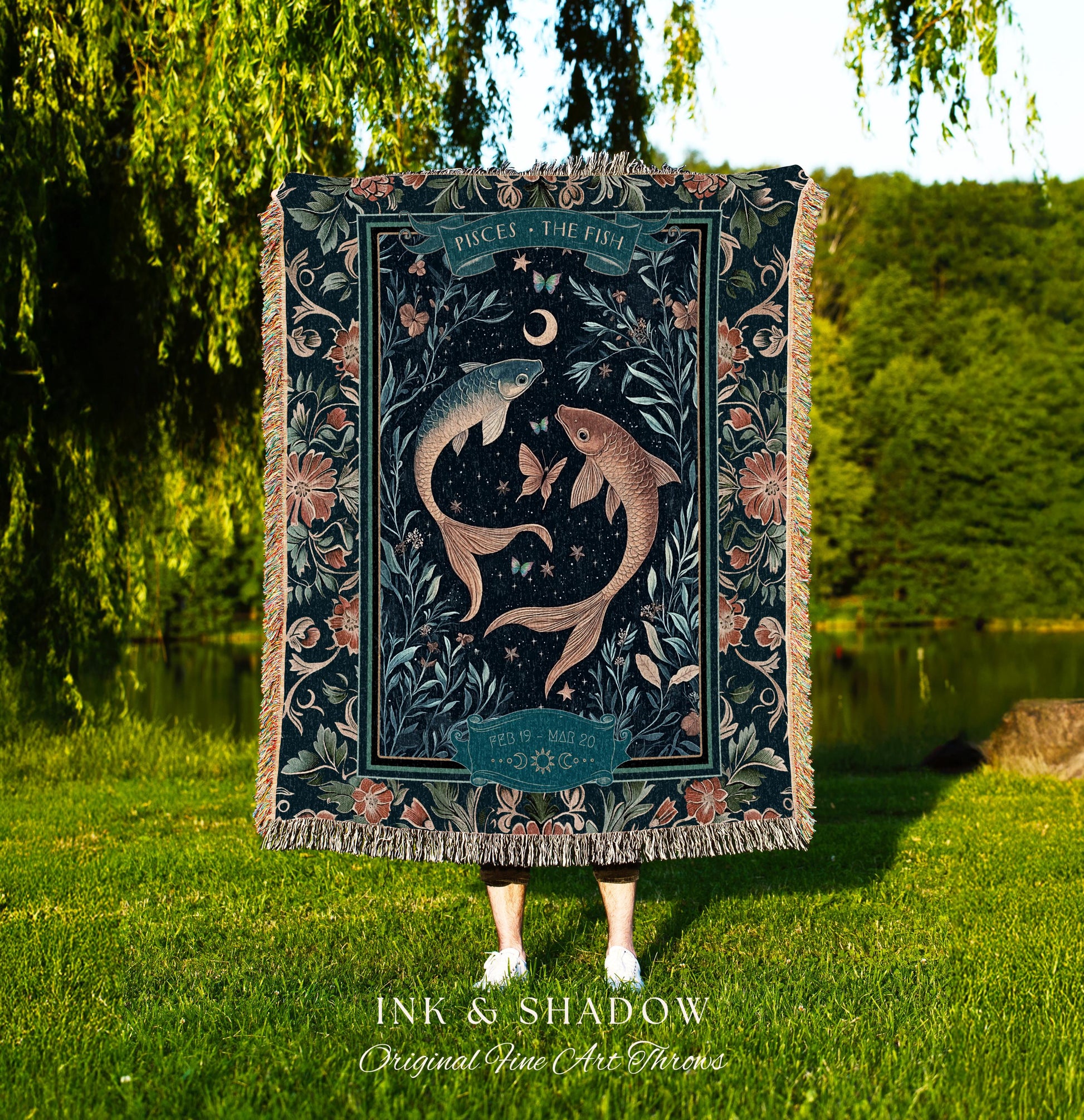 Moonlit Pisces Zodiac Tapestry Blanket Dreamy Celestial Art Nouveau Style | The Fish Star Sign Whimsical Botanical Water Birthday Month Gift