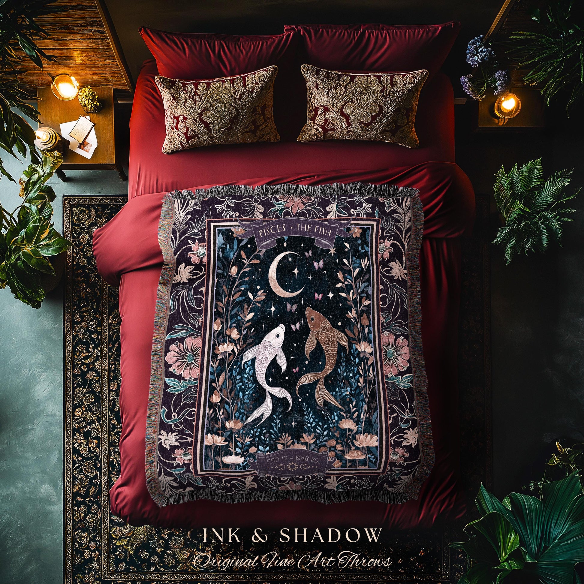 Dark Academia Pisces Blanket Celestial Constellation Gothic Decor | The Fish Astrology Tapestry Throw Magic Maximalist Moonlit Zodiac Gift