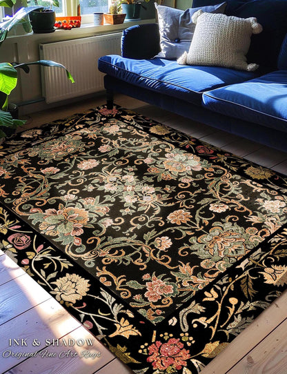 Floral Maximalism Accent Rug | Boho Folklore Aesthetic Danish Home Decor Housewarming Gift Fairycore Whimsical Woodland Wildflower Bedroom |