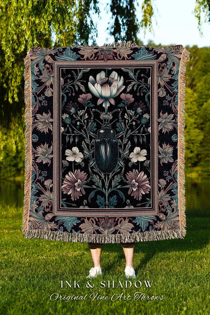 Witchy Whimsigothic Scarab Beetle Blanket Enchanted Dark Academia Decor, Mystical Floral Art Victorian Gothic Cottagecore Bug Tapestry Throw