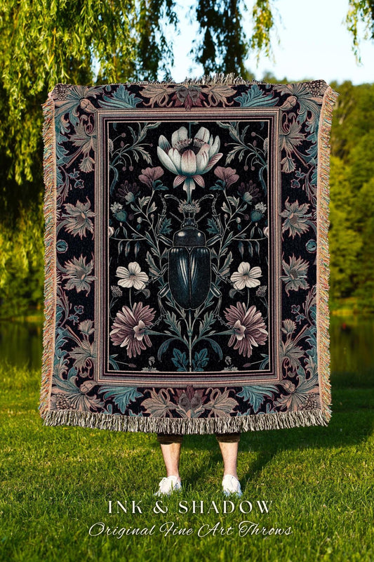 Witchy Whimsigothic Scarab Beetle Blanket Enchanted Dark Academia Decor, Mystical Floral Art Victorian Gothic Cottagecore Bug Tapestry Throw