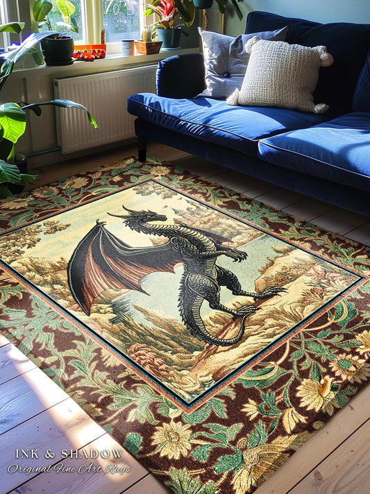 Dark Maximalist Dragon Bedroom Rug | Victorian Floral Woodland Fairytale Accent Rug Whimsigothic Dark Academia Decor Mystic Folklore Decor |
