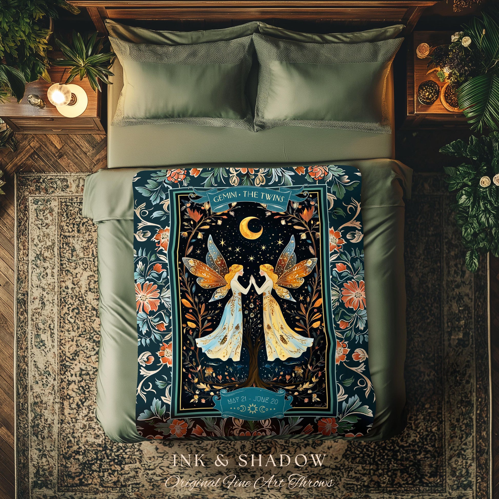 Ethereal Fairy Core Gemini Zodiac Tapestry Throw Astrology Celestial Cottagecore Blanket | The Twins Whimsical Fairytale Birthday Month Gift