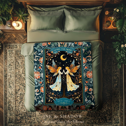 Ethereal Fairy Core Gemini Zodiac Tapestry Throw Astrology Celestial Cottagecore Blanket | The Twins Whimsical Fairytale Birthday Month Gift