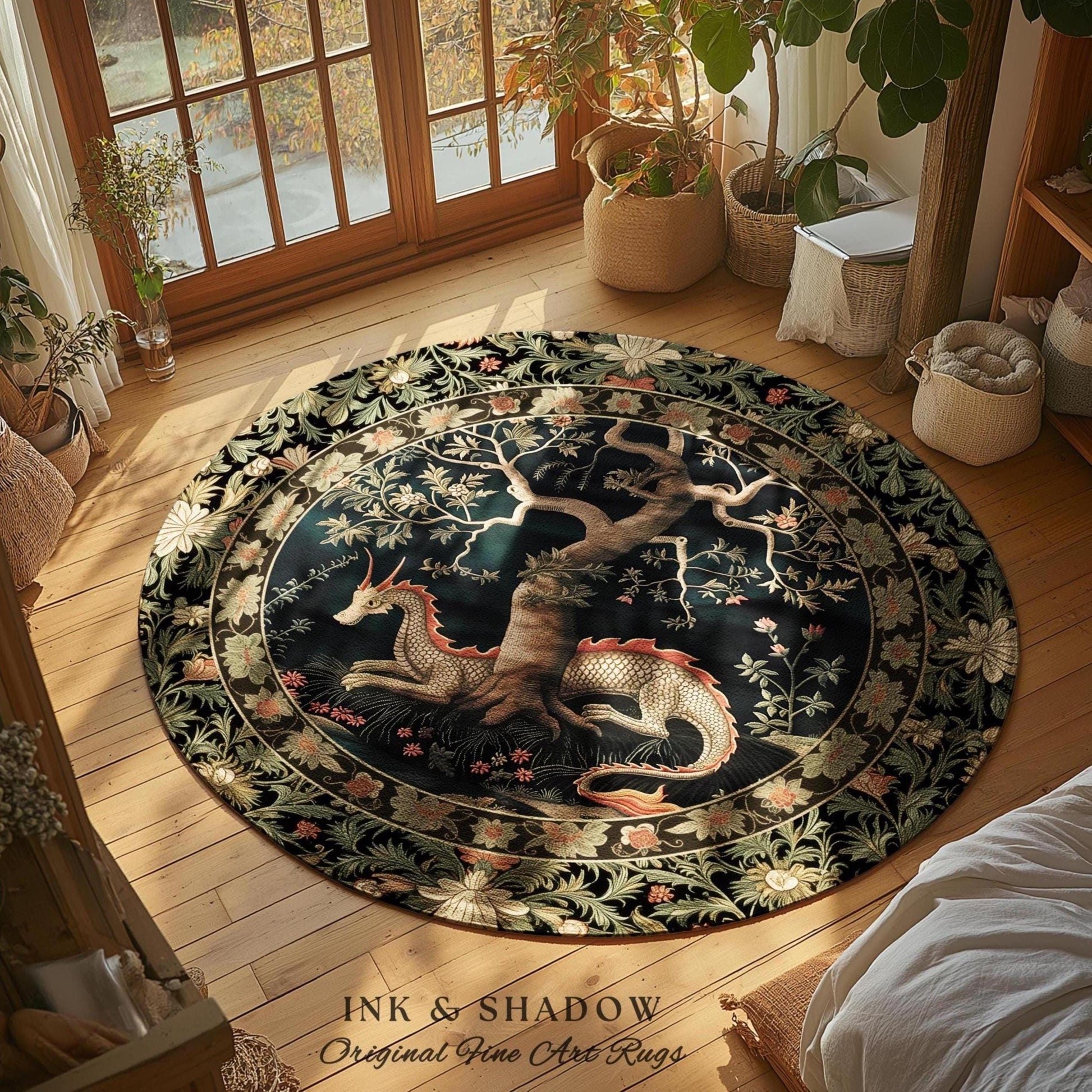 Woodland Mysticism Round Floor Rug | Ethereal Gothic Book Nook Decor Fairy Bedroom Magic Aesthetic Maximalist Cottagecore Dragon Lover Gift