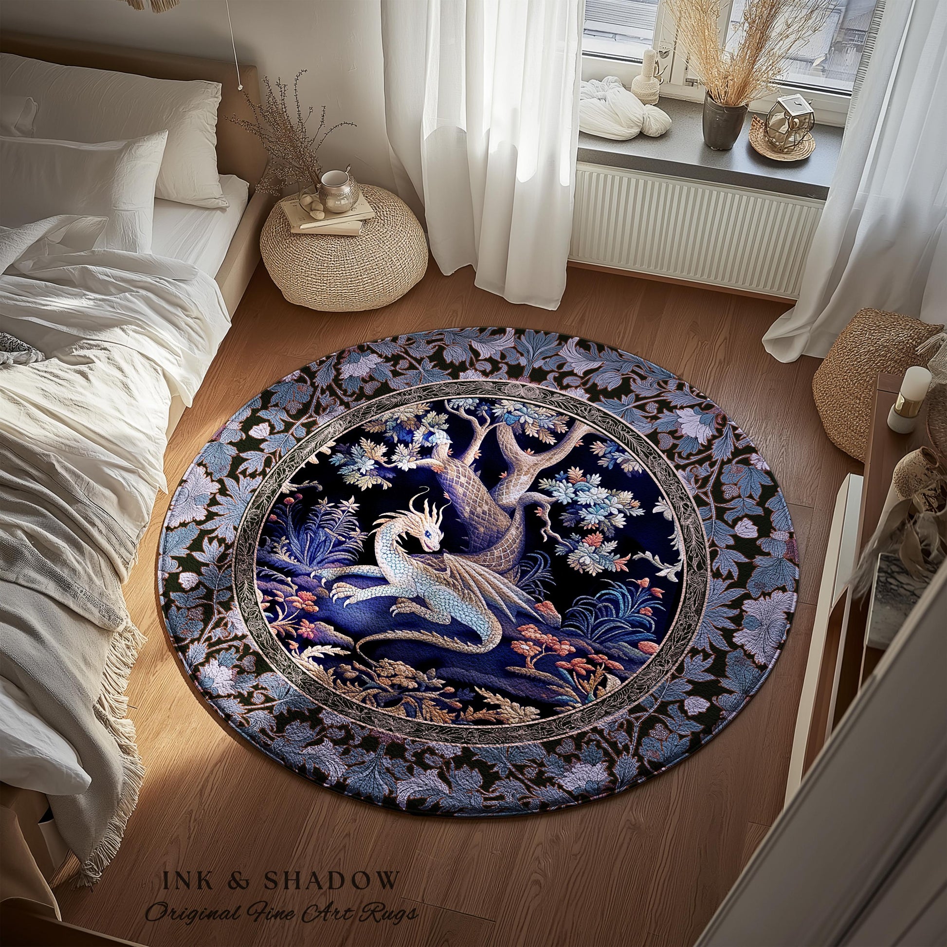 Mystic Moody Dragon Round Area Rug | Ethereal Botanical Woodland Magic Fantasy Theme Bedroom French Baroque Fantasy Tree Rug Blue Hues |
