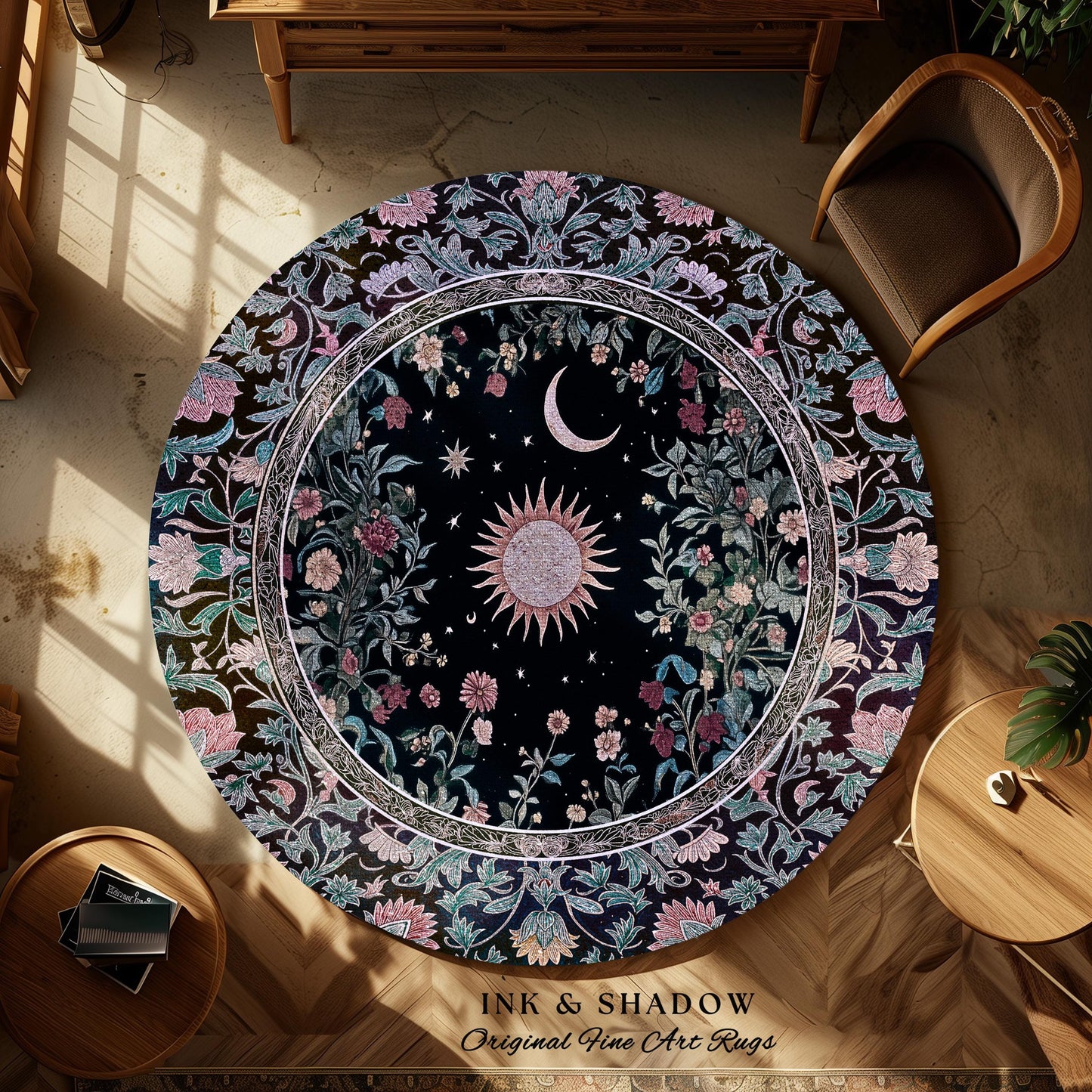Midnight Lavender Celestial Round Rug | Witchy Pastel Tarot-Inspired Bohemian Sun & Moon Maximalist Astrology Whimsical Purple Bedroom Decor