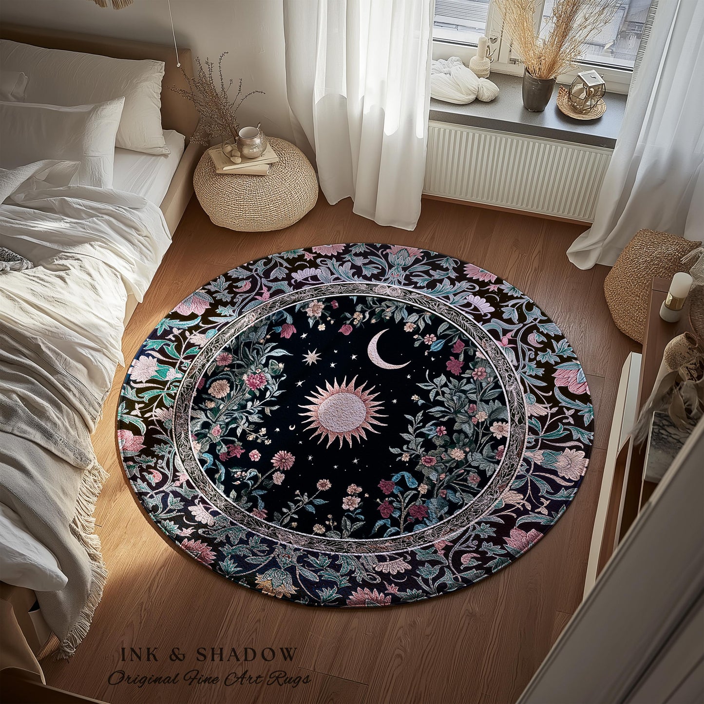 Midnight Lavender Celestial Round Rug | Witchy Pastel Tarot-Inspired Bohemian Sun & Moon Maximalist Astrology Whimsical Purple Bedroom Decor