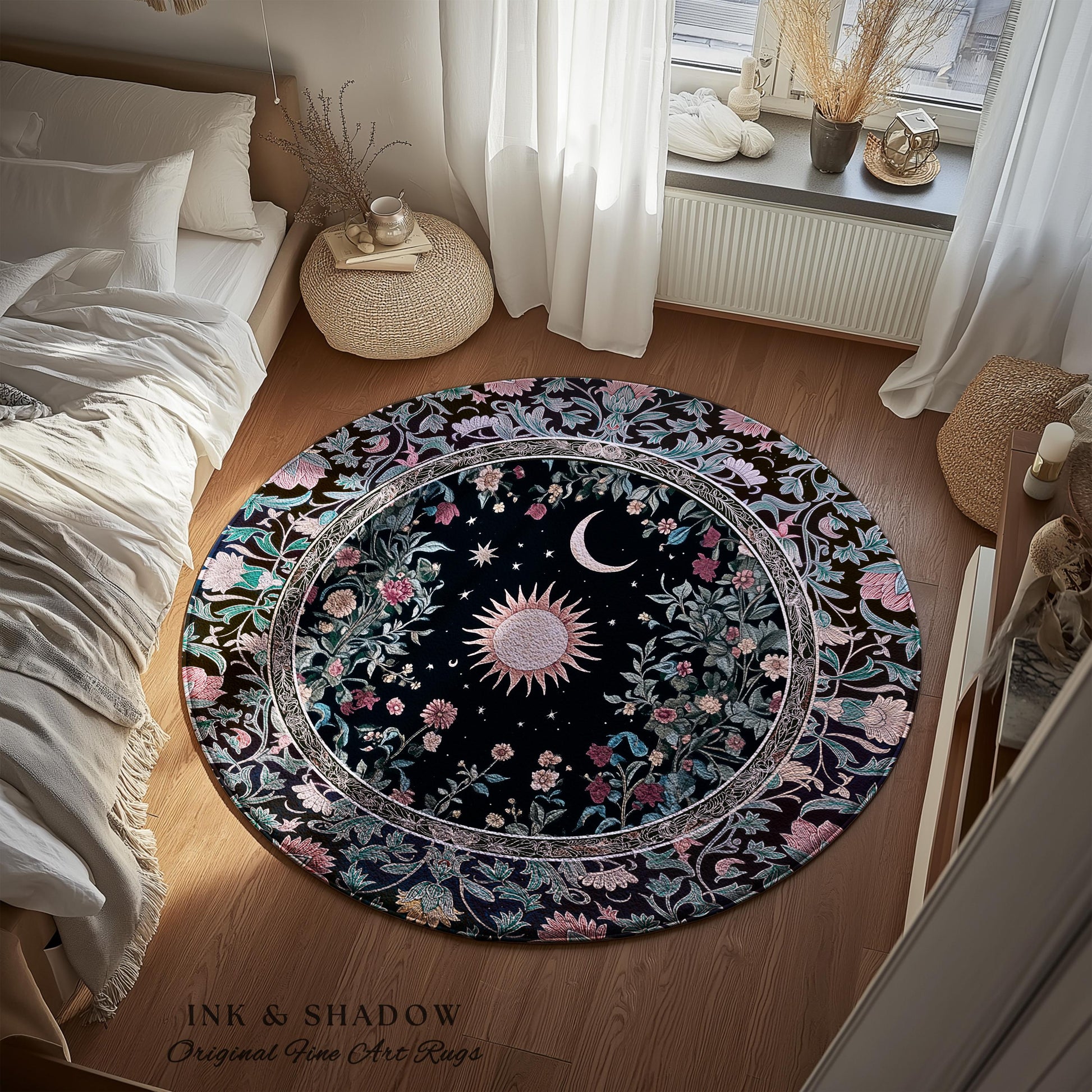 Midnight Lavender Celestial Round Rug | Witchy Pastel Tarot-Inspired Bohemian Sun & Moon Maximalist Astrology Whimsical Purple Bedroom Decor
